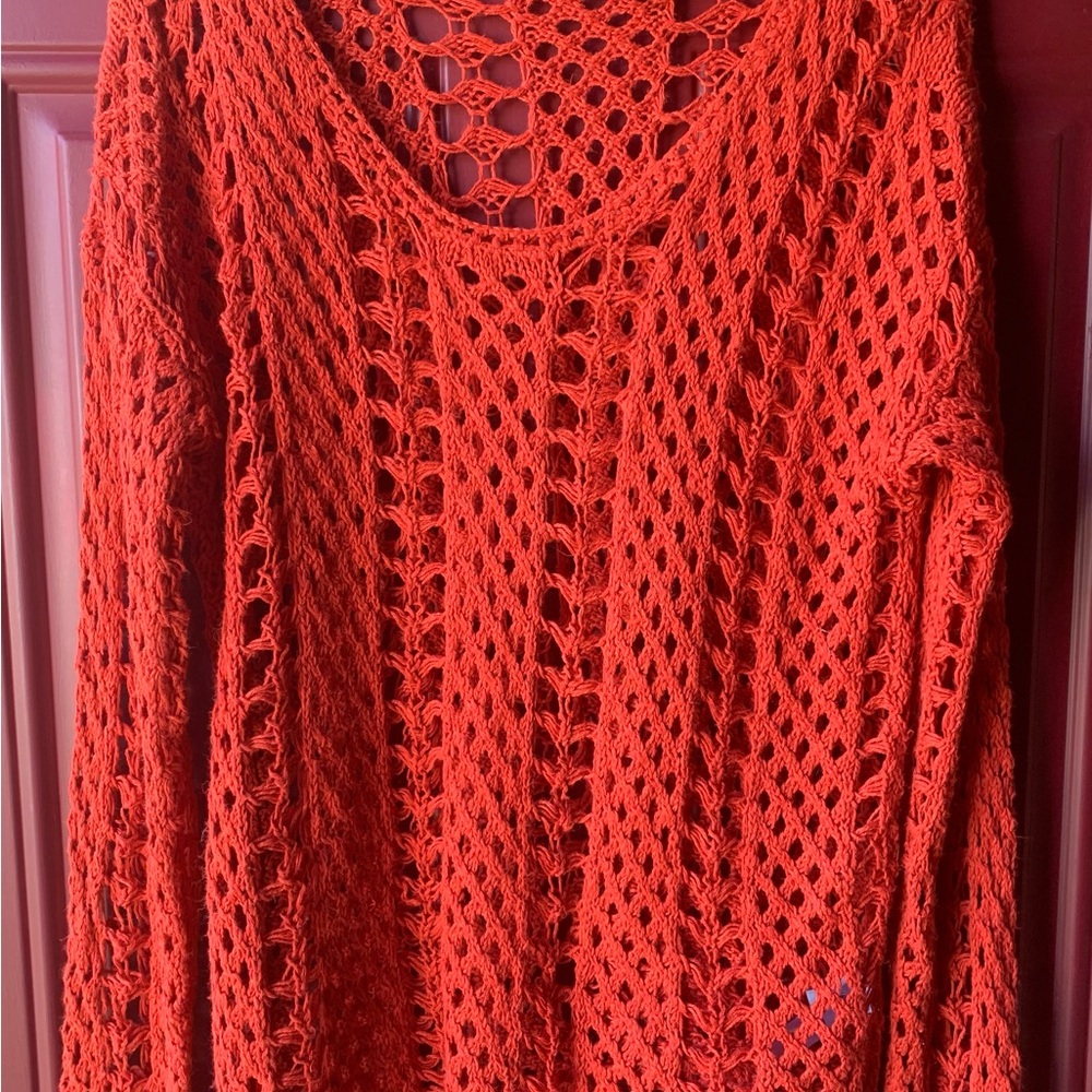 Lucky Brand Women's Crochet Knit Sweater - Bold Orange size large